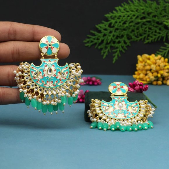 Mint Green Meenakari Chandbali Earrings | Floral Enamel Dangle - Picture 3 of 10